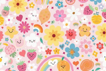 Cute colorful pattern of flowers with smiley faces, fruit, love hearts and rainbows. Pastel tones