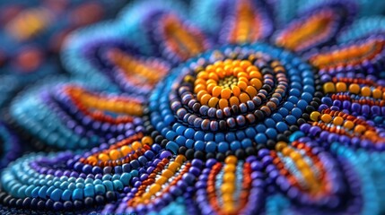 High-definition image of intricate beadwork on a traditional textile, 8K, Full HD.