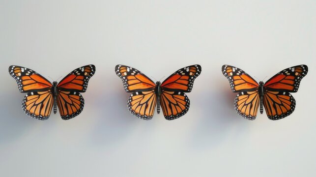 A group of three colorful butterflies perched on a white background, ready to take flight