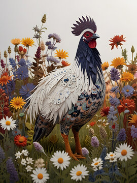 A majestic Bantam, crafted from delicate paper cuts, its feathers adorned with intricate patterns and designs, standing tall amidst a field of vibrant wildflowers.
