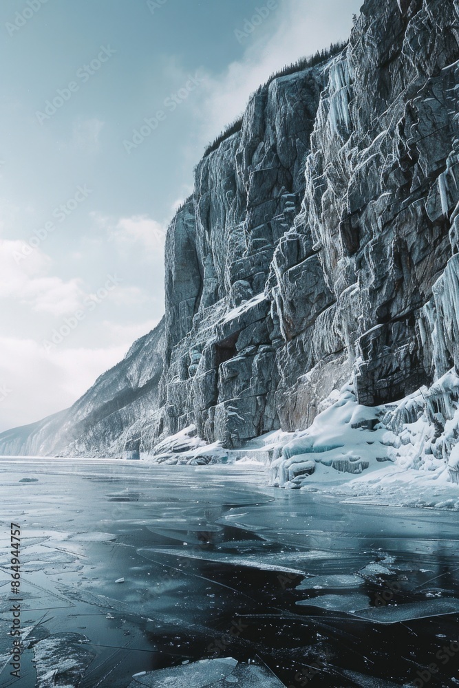 Poster a close-up shot of a rocky cliff face with ice formed on the water below, great for use in winter sc
