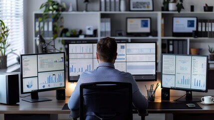 HR manager sits at his desk, managing employee records and recruitment processes on multi computer screens