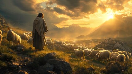 Jesus The Good Shepherd, Jesus and lambs.