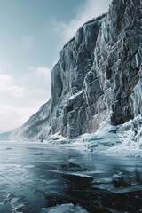 A close-up shot of a rocky cliff face with ice formed on the water below, great for use in winter scenes or as a background image