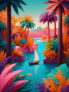 A tropical paradise awaits you, with glowing lagoons and vibrant paper cut landscapes.