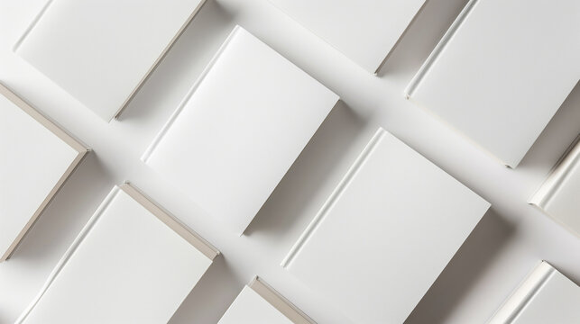 Multiple closed white books arranged on plain surface. Minimalist design emphasizes simplicity and clean aesthetic