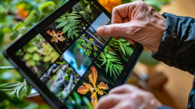 A wildlife photographer organizing photo archives on a digital tablet; close-up on hands categorizing images for wildlife photography portfolios