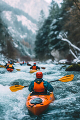 A group of people kayaking on a mountain river