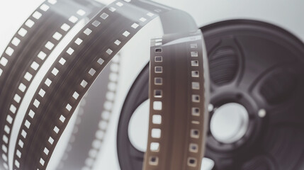 Hanging film strip with visible perforations in front of a blurred reel. Image captures classic feel of analog cinematography.