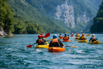 A group of people kayaking on a mountain river