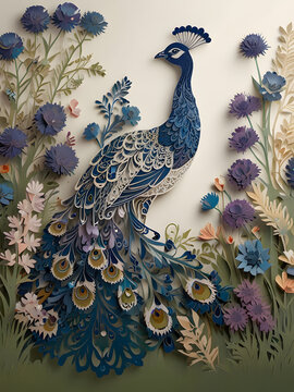 A majestic peacock, its iridescent feathers shimmering in the sunlight, perches atop a bed of delicate paper flowers, its regal presence a testament to the beauty and strength of nature.