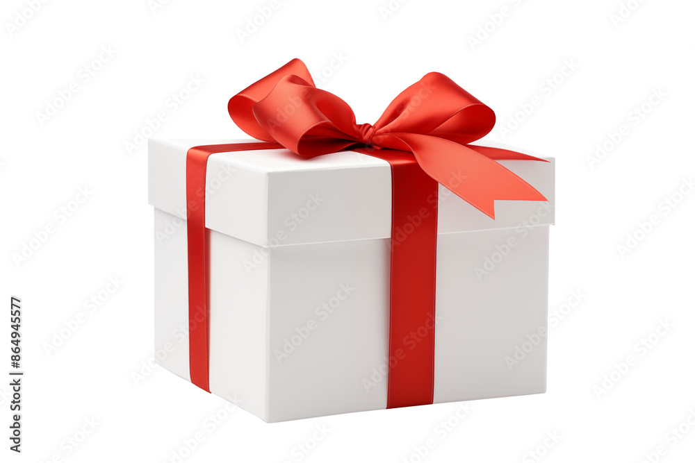 Wall mural white gift box wrapped with red bow and ribbon isolated on transparent background png.