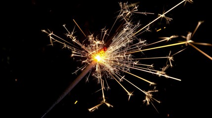 Obraz premium Closeup shot of beautiful sparkler burning and emitting bright sparks on black background