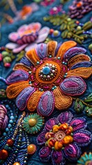 High-definition image of intricate beadwork on a traditional textile, 8K, Full HD.