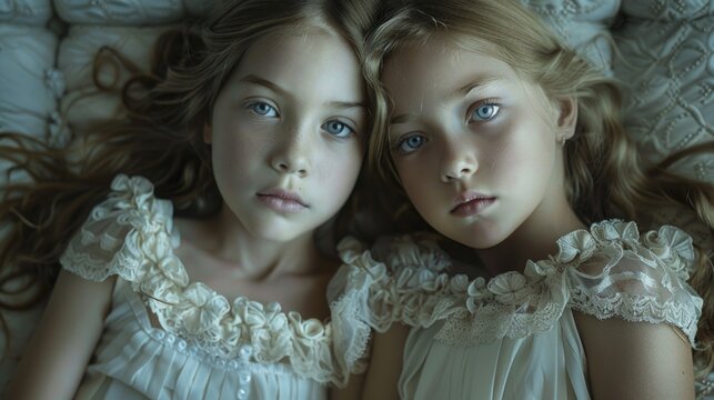 Two young girls resting on a bed, sleeping peacefully