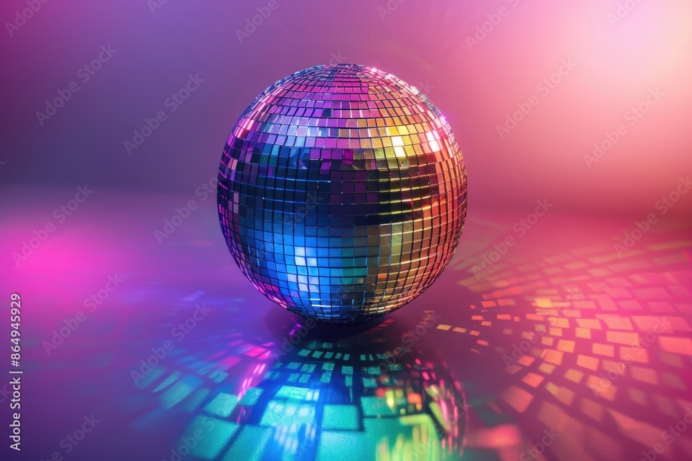 Poster a close-up shot of a shiny disco ball on a reflective surface