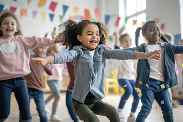 Obraz premium Excited children dancing and playing with confetti in a decorated room filled with colorful banners. Joyful atmosphere highlights the fun and energy of a lively party