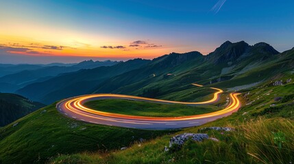 Fototapeta premium light trails on a winding road of mountain at sunset