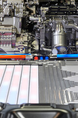 Hybrid motor vehicle detail. Automotive industry. Sustainable energy.