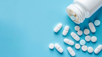 Pills spilled out of white bottle on blue background. Mock up for special offers as advertising or other ideas. Medical. pharmacy and healthcare concept. Copy space. Empty place for text or logo