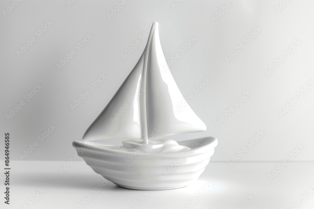 Poster a small white sailboat sits atop a white table, ideal for decorative use or as a prop in your next p