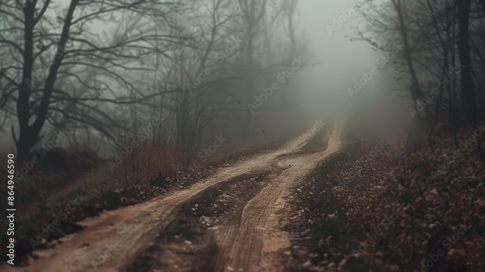 Aufkleber A rural dirt road surrounded by dense fog in a forest, suitable for use as a scenic background or to represent a mysterious atmosphere