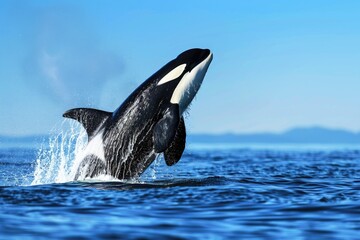 Obraz premium A majestic black and white whale leaps out of the ocean, showcasing its power and agility