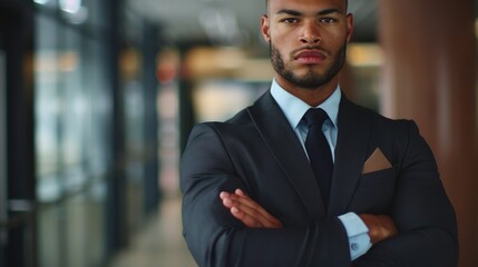 Fototapeta premium A professional man standing with his arms crossed, wearing a suit and tie