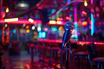 Closeup of a professional microphone on a stand, set against the colorful and vibrant backdrop of a lively karaoke bar