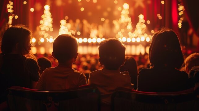 Silhouette of Children with their parents watch a New Year's performance on the theater stage