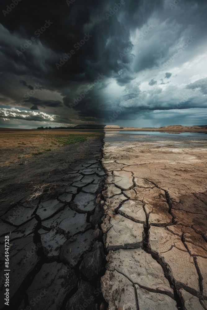 Poster a cracked earth surface with a dark and cloudy sky in the background, suitable for use as a dramatic