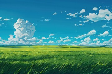 Obraz premium Vibrant green field with blue sky and fluffy clouds. Sunny day nature landscape illustration for desktop background or mobile wallpaper