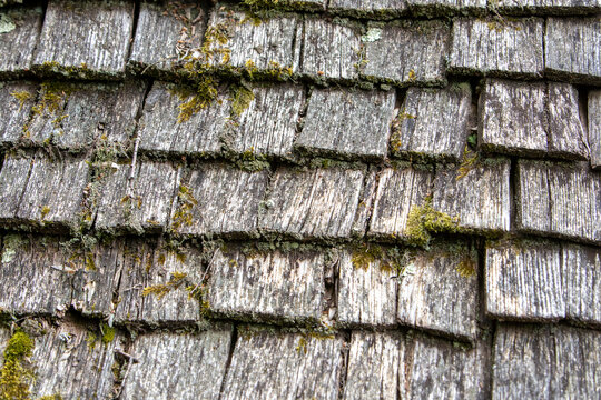 Partie d'un toit traditionnel du Jura en tavaillon. Plaques de ch&ecirc;ne ou d&rsquo;&eacute;pic&eacute;a utilis&eacute;es comme des tuiles pour la couverture des toits au Moyen-&Acirc;ge.