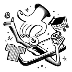 Online shopping smartphone png sticker, creative doodle, transparent background