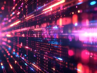 Obraz premium Vibrant Digital Code Wallpaper with Neon Highlights Cascading Binary and Geometric Patterns
