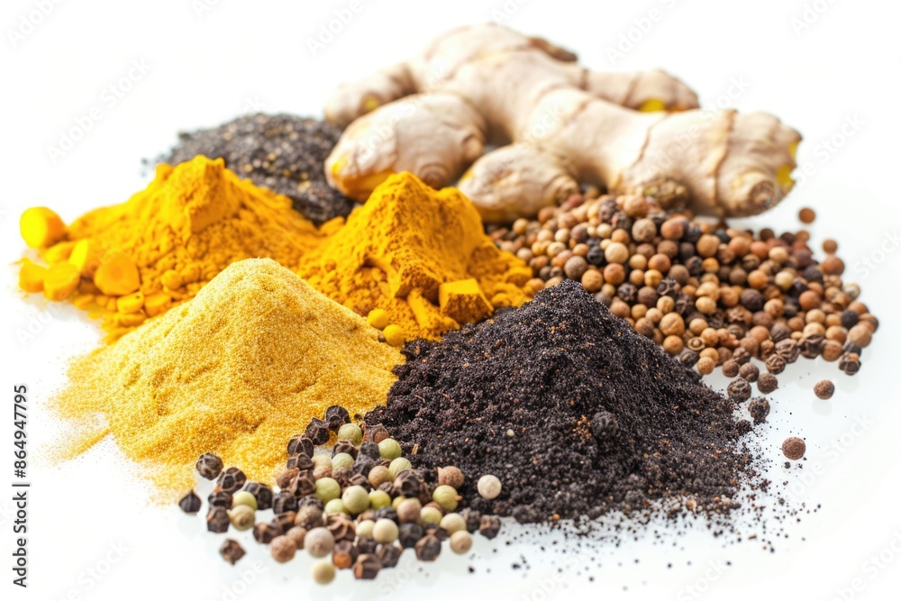 Poster a selection of different spices and herbs arranged on a white surface