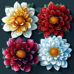 Fototapeta premium Flat Design Vector Sticker Set of Chrysanthemum Flowers