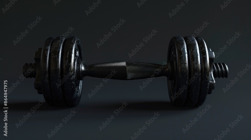 Poster a close-up view of a pair of dumbbells sitting on a table, ideal for fitness-related uses or as a de