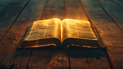 A close-up of an open bible sitting on a wooden table, great for home study or office decor
