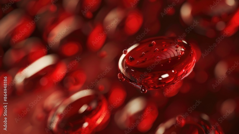 Poster a close-up shot of a small red liquid drop sitting on a red surface, ideal for use in scientific or 