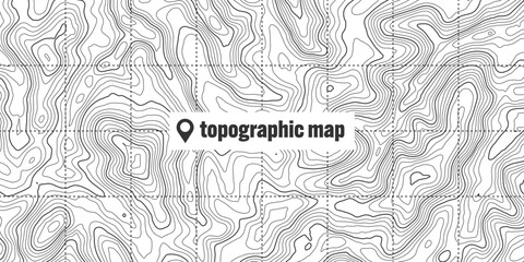 Topographic map with contour lines. Geographic terrain grid, relief height elevation. Ground path pattern. Travel and navigation, cartography design element. Vector illustration