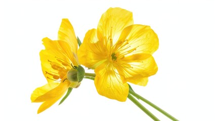 Obraz premium Two bright yellow flowers on a single stem against a clean white background, ideal for use in designs and layouts where a pop of color is needed
