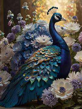 A majestic peacock, its iridescent feathers shimmering in the sunlight, perches atop a bed of delicate paper flowers, its regal presence a testament to the beauty and strength of nature.