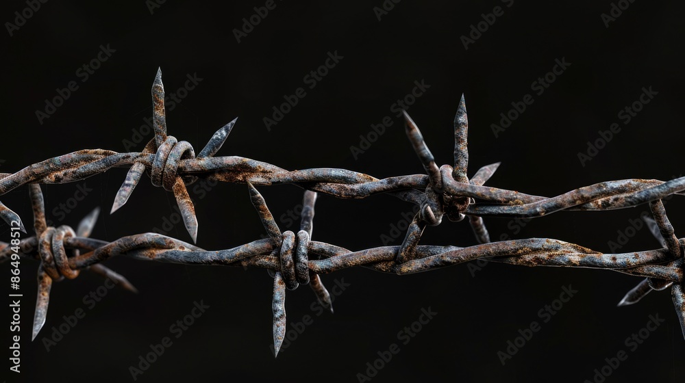Poster a close-up shot of a barbed wire fence with sharp edges and metal coils