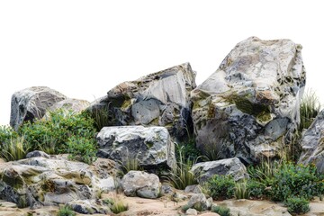 A giraffe standing tall on a pile of rocks, surrounded by natural scenery