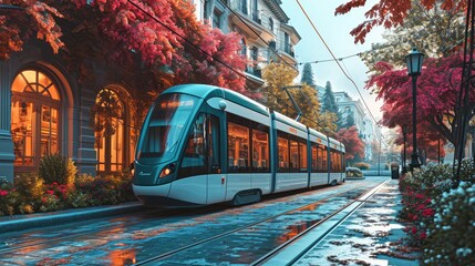Fototapeta premium City Commuter Tram: Flat Design Illustration of Urban Transit