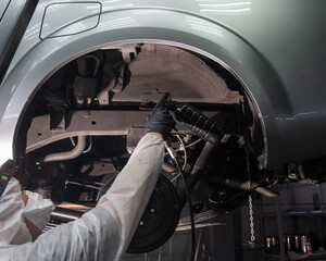 An auto mechanic applies anti-corrosion mastic to the underbody of a car.