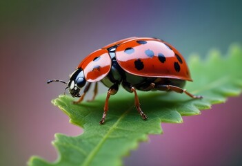 Fototapeta premium Little ladybug walking on a leaf close up, macro photo