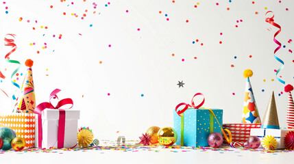 Fototapeta premium Birthday party background featuring party hats and gifts on a white background, capturing the essence of a joyful celebration with colorful decorations, festive balloons and cheerful vibes