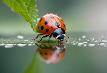 Fototapeta premium A ladybug sitting on a leaf and drinking water from the lake. Macro photography